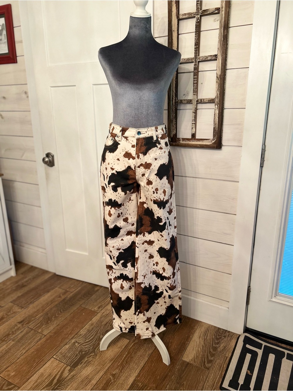 High-Rise Wide-Leg Cow-Print Pants in Brown & White